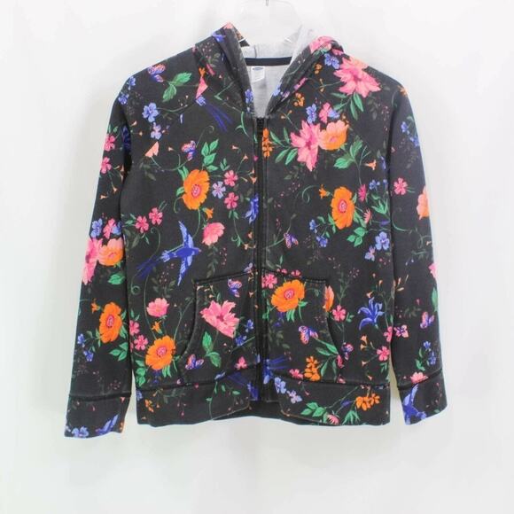 Old Navy Other - Old Navy Girls Hoodie Orange Black Floral Front Zipper Pockets Long Sleeve
